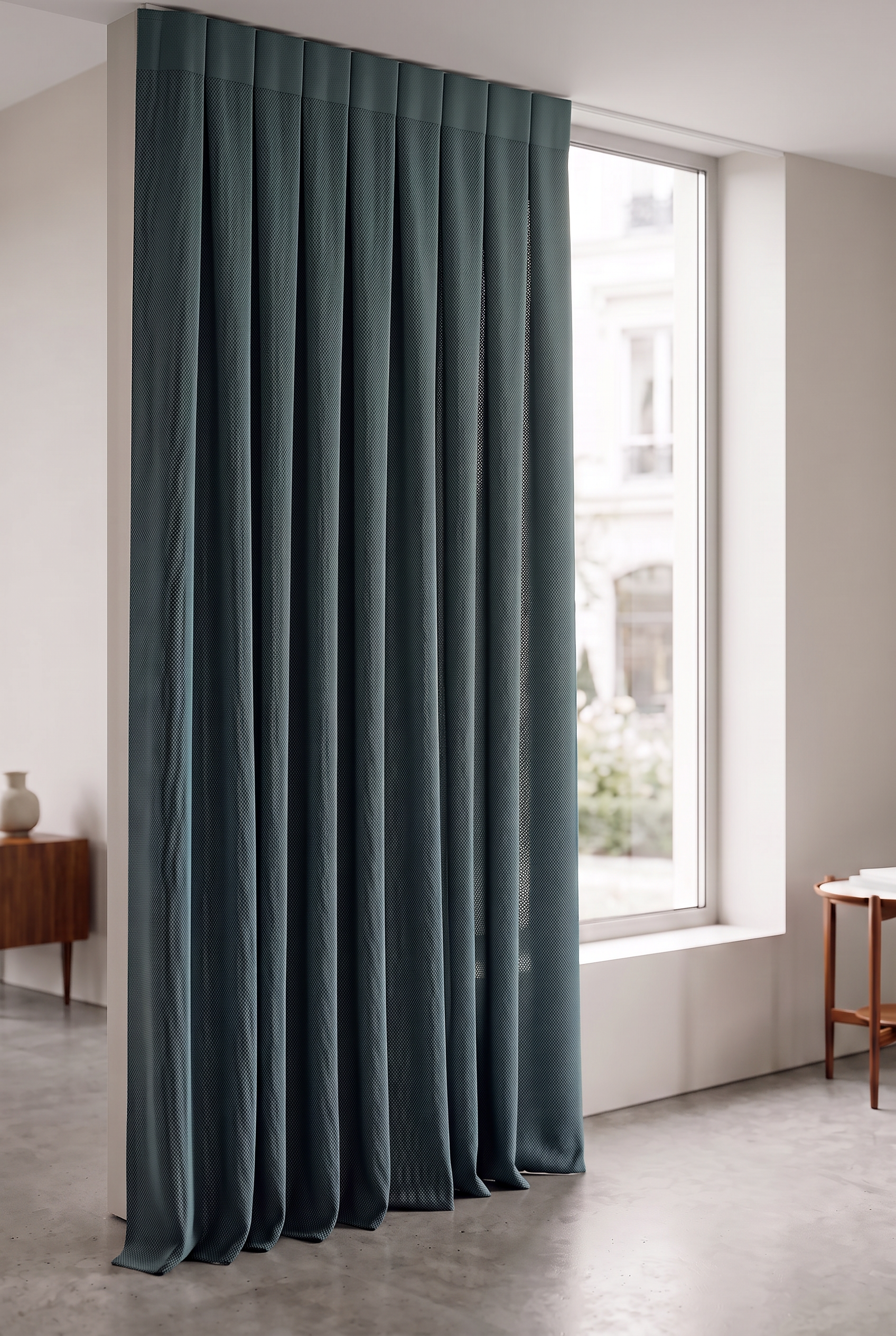 Deep petrol micro-mesh curtain beside a tall window