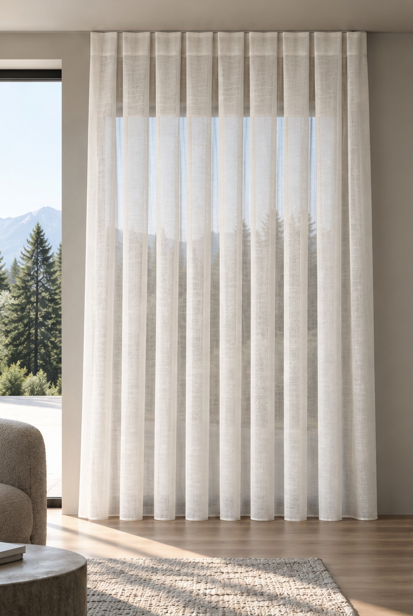 Modern Comfy heading: flat pleats with visible spacing above a lightly translucent fall, the view shimmering through