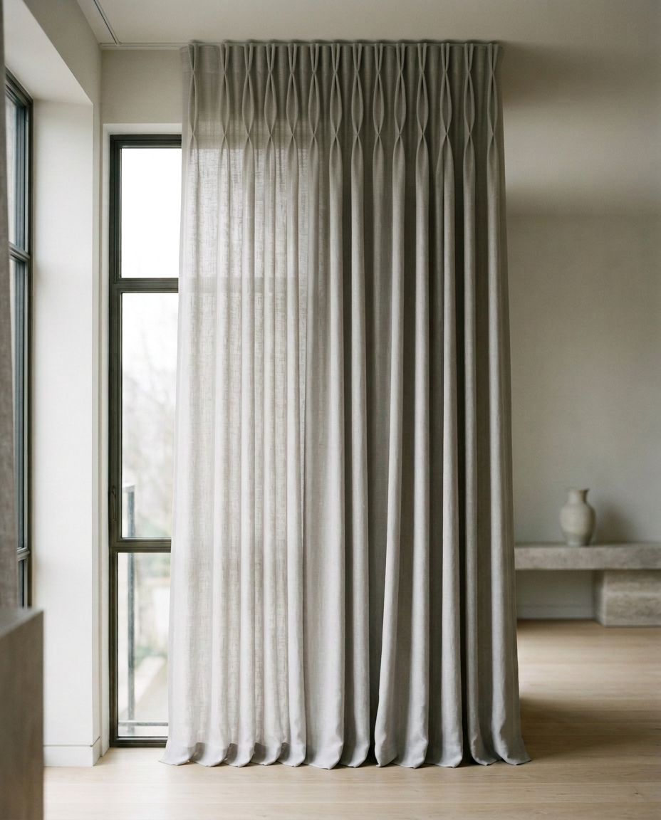 Greyish linen curtain in cool soft daylight