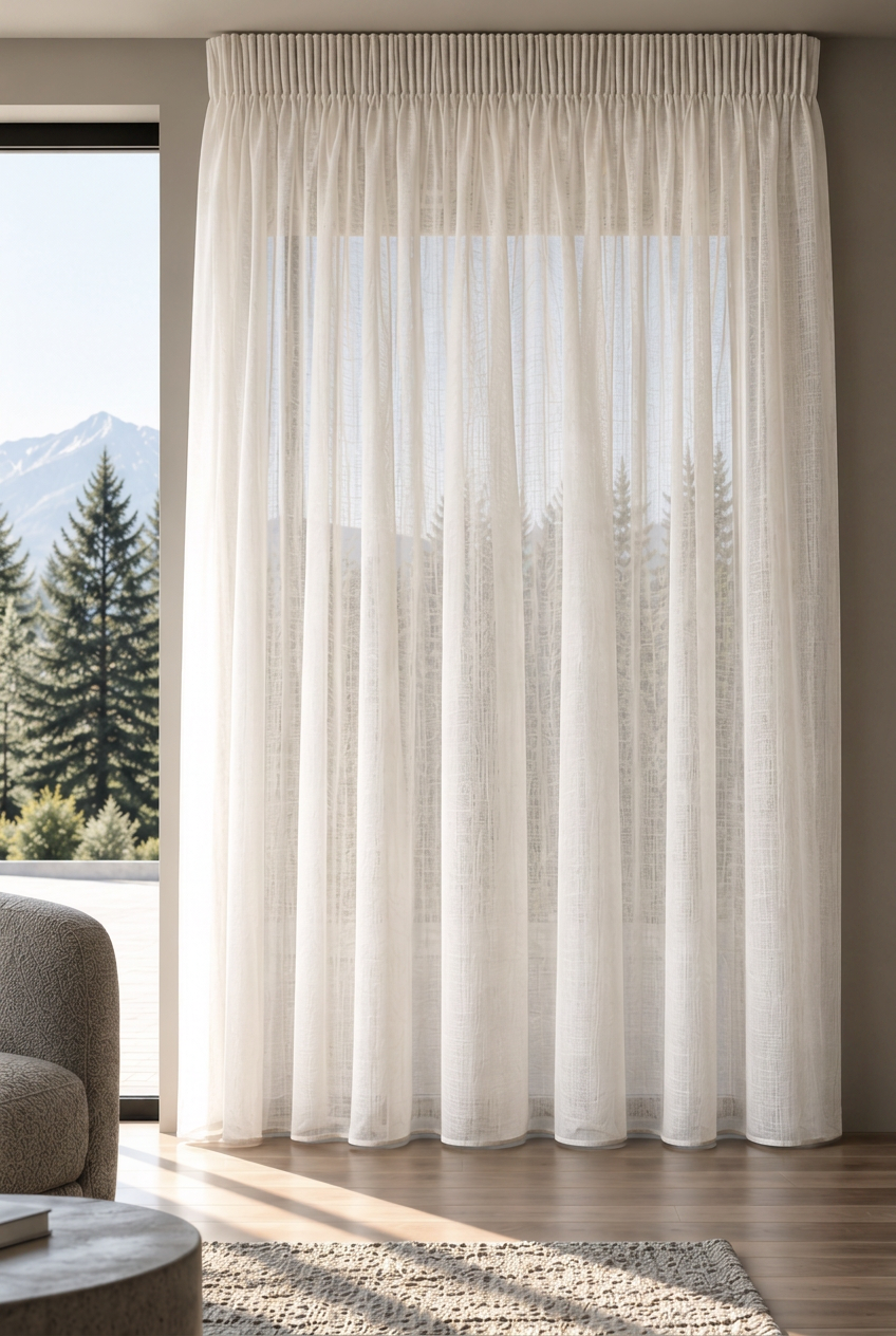Micro heading: very fine, dense gathers above an airy sheer fall with the mountains clearly showing through