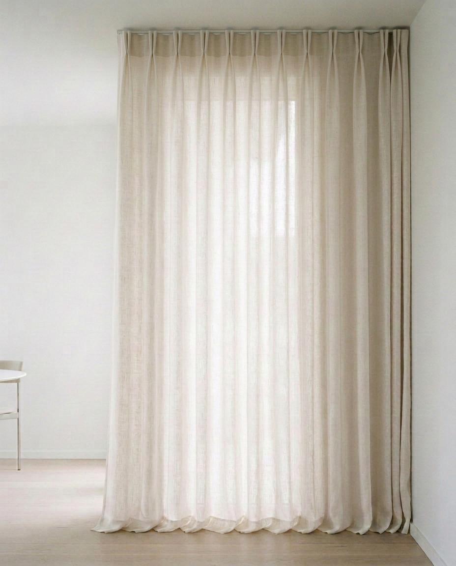 Ecru linen curtain falling floor-length beside a tall window