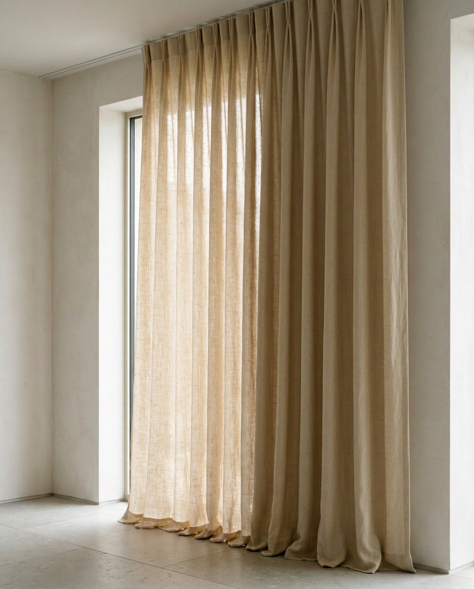 Champagne linen curtain glowing warmly against architectural daylight