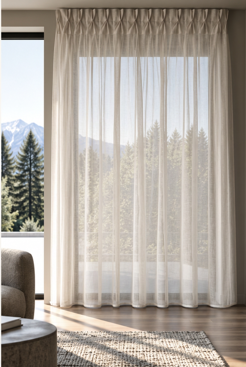 Timeless heading: calm, regular gathers above a softly translucent drape