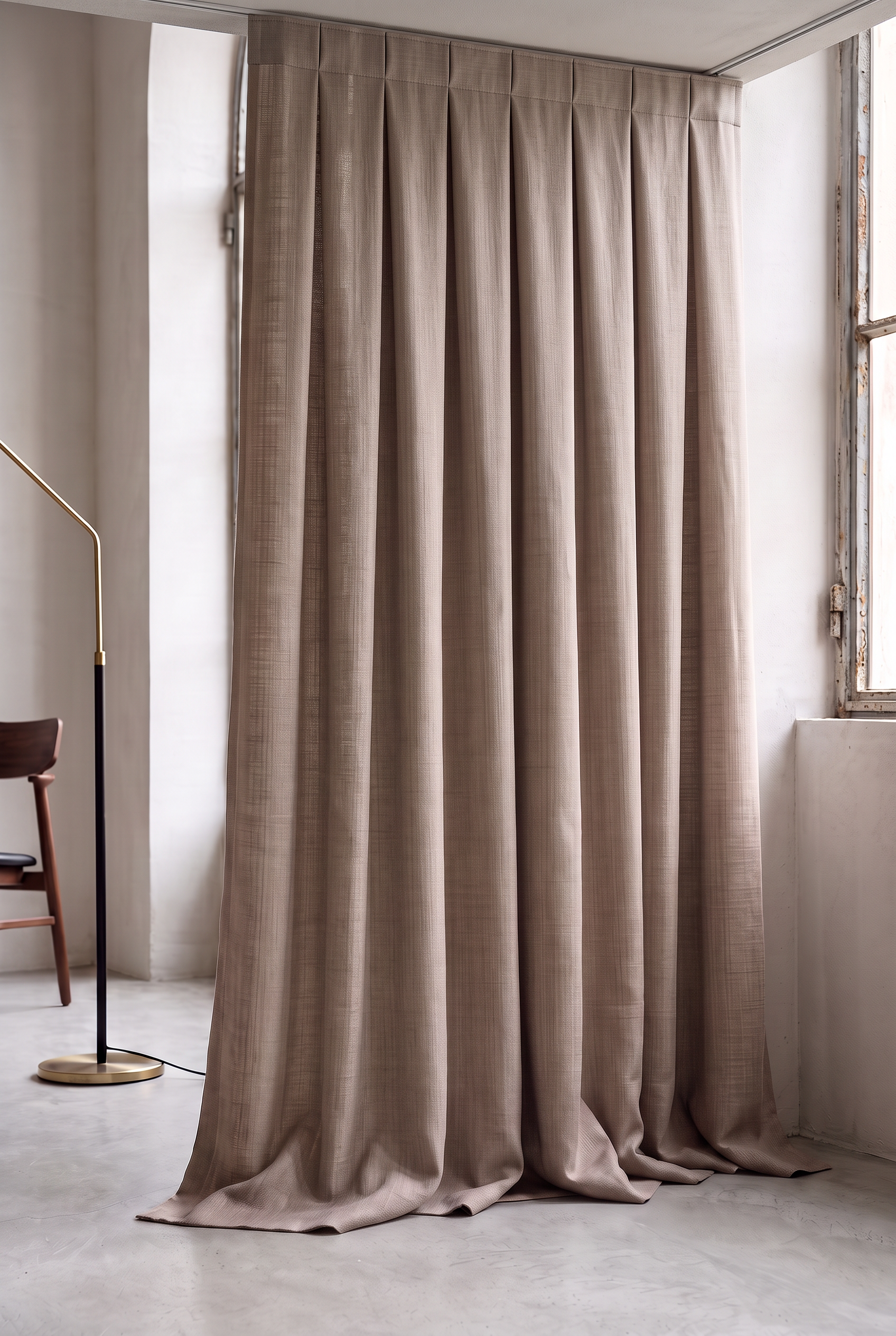 Warm taupe cross-weave decor curtain in natural window light