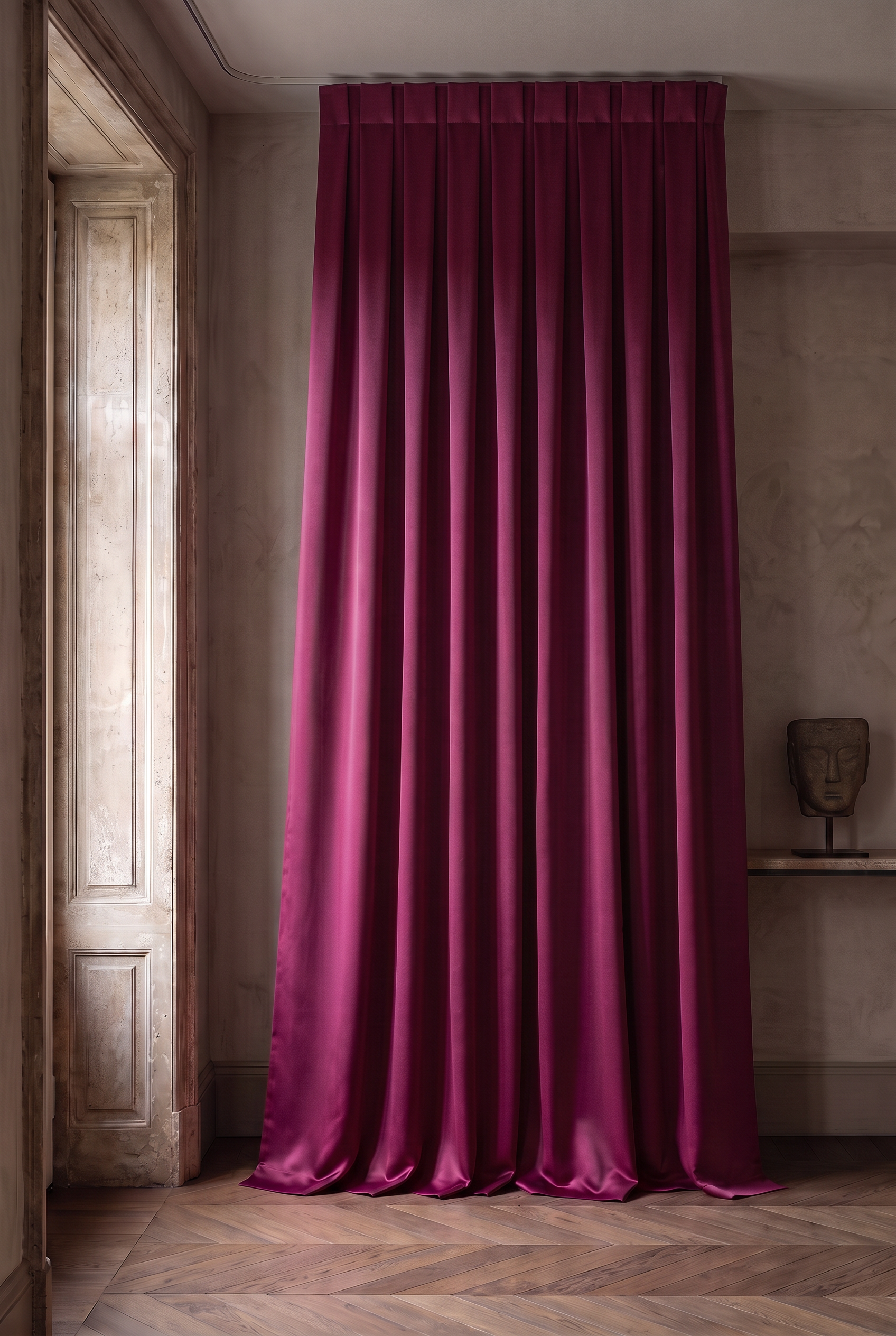Deep wine satin blackout curtain in a refined interior