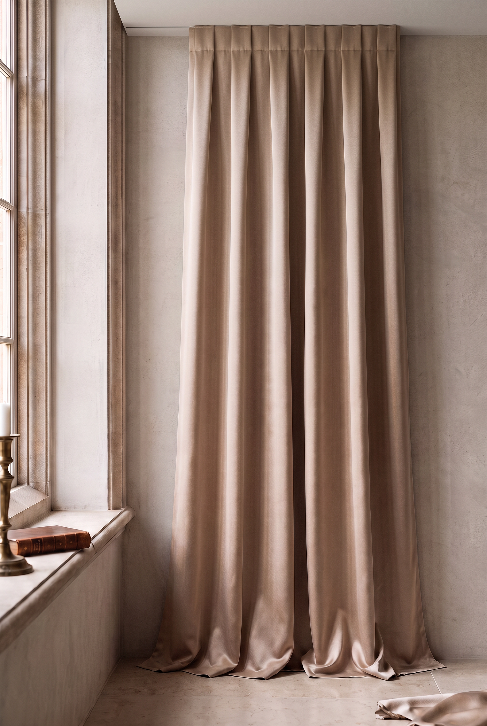 Champagne satin blackout curtain lit from the side