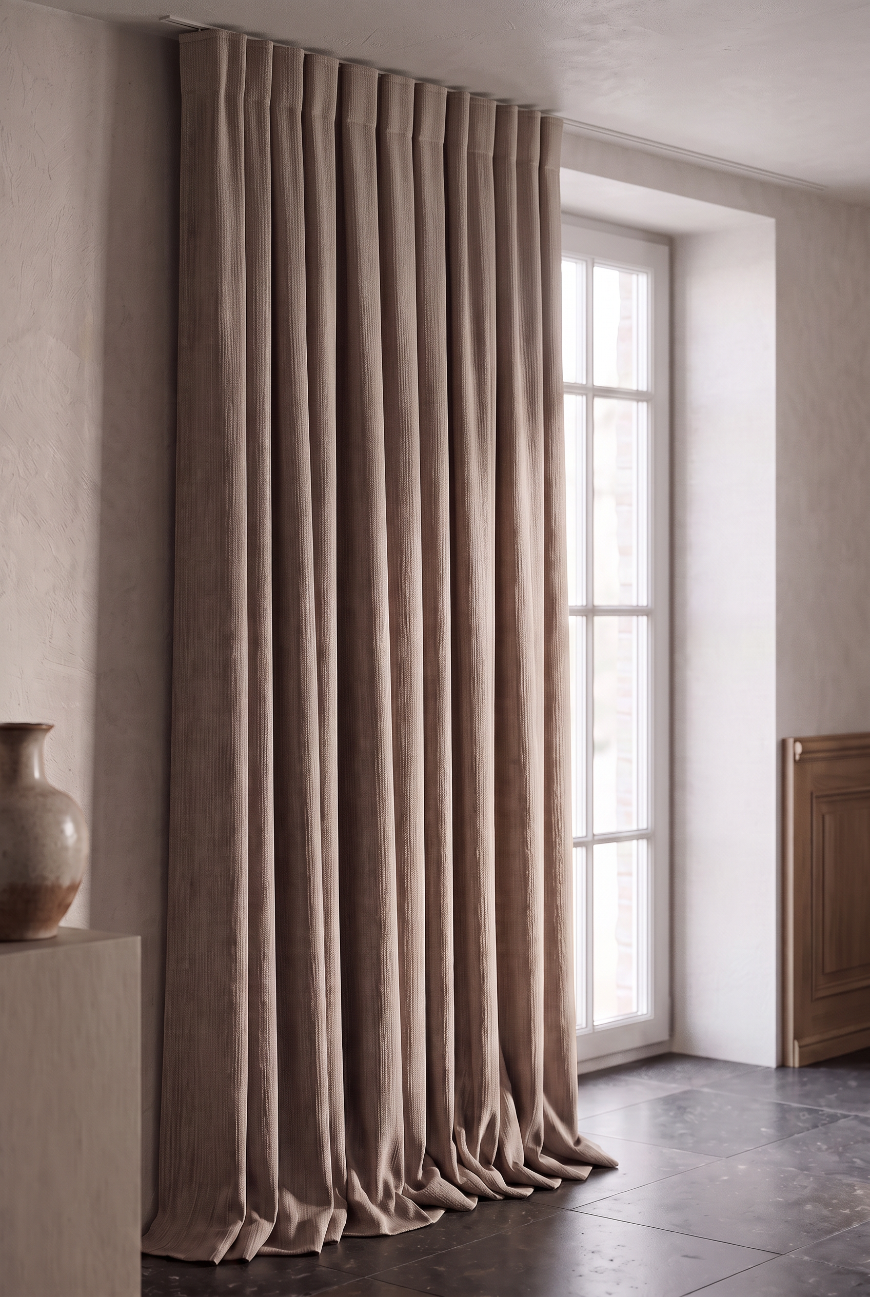 Warm taupe textured dimout curtain in a quiet interior