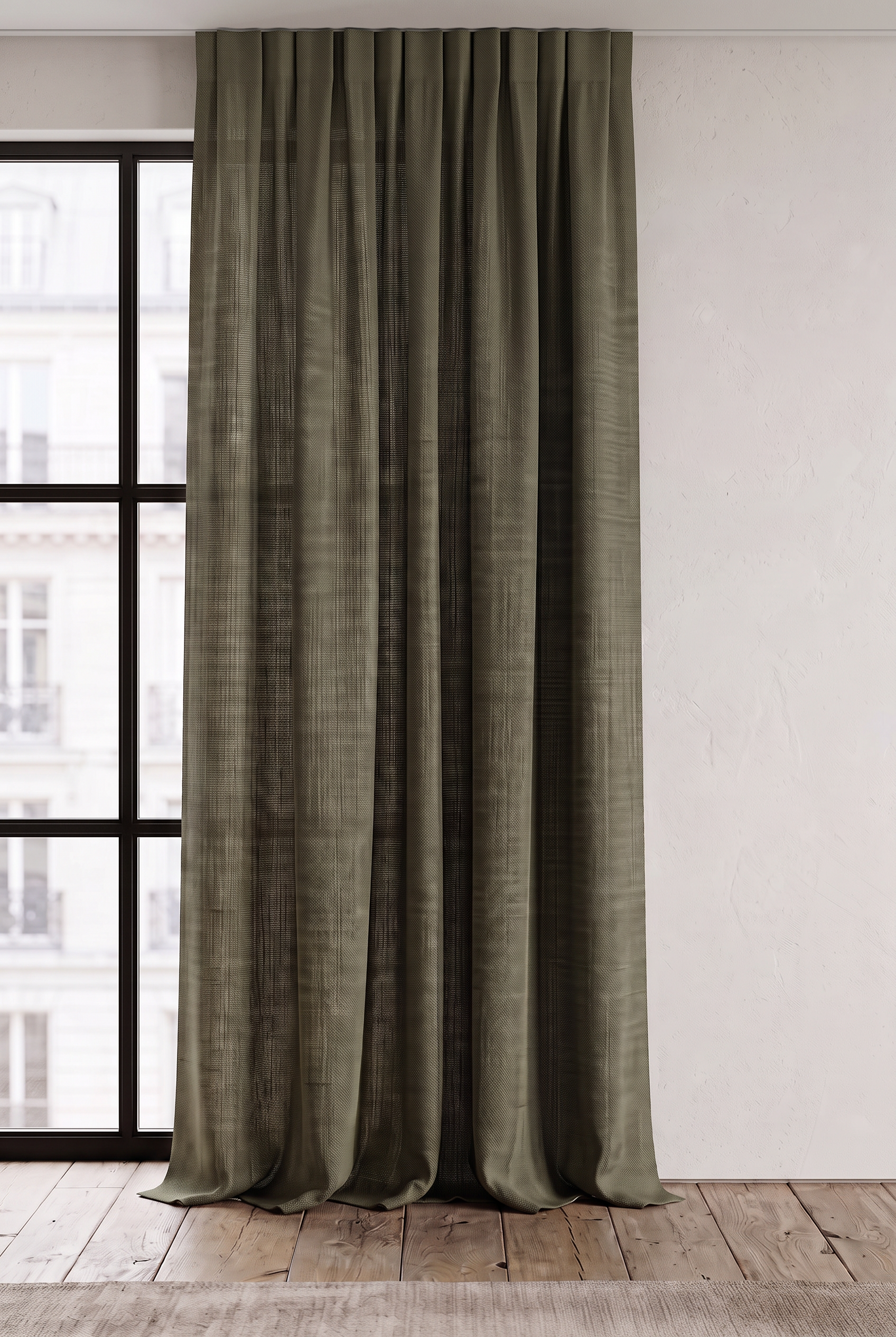 Muted olive cross-weave decor curtain beside an architectural window